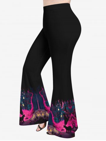 Plus Size Wizard Cat Tree Fire Flame Print Halloween Flare Pants - BLACK - M