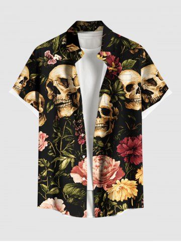 Plus Size Skull Flower Leaf Print Hawaii Button Pocket Shirt For Men - BLACK - 5XL