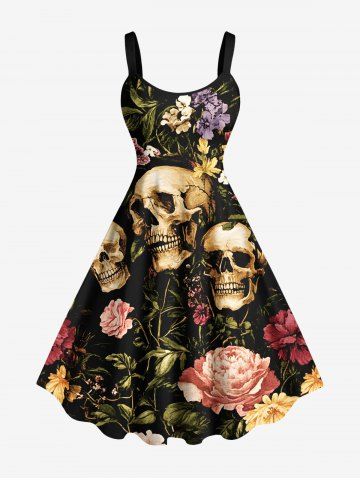 Plus Size Skull Flower Leaf Print Hawaii A Line Tank Dress - BLACK - 2X