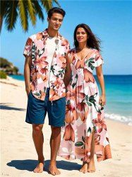 Flower Leaf Branch Print Plus Size Matching Hawaii Beach Outfit For Couples -  