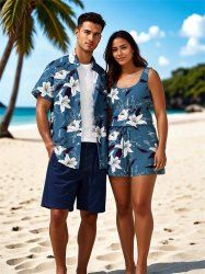 Ensemble chemise et barboteuse hawaïennes assorties, grande taille, tenue de plage à imprimé fleurs et feuilles pour couples - Bleu Ciel 