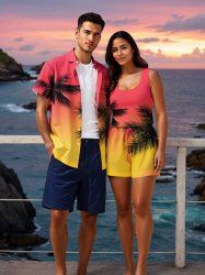 Matching Hawaii Shirt and Romper Plus Size Beach Outfit Coconut Tree Tropical Leaf Ombre Printed for Couples -  
