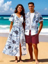 Flowers Leaf Print Plus Size Matching Hawaii Beach Outfit For Couples -  