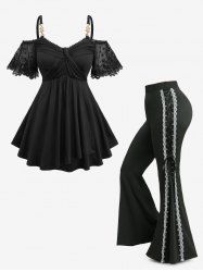 Floral Lace Jacquard Embroidery Sleeves Crossover Top and Lace-up Two Tone Flare Pants Plus Size Outfit -  