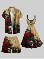 Halloween Distressed Skull Rose Flower Print Plus Size Matching Outfit For Couples -  