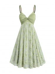 Floral Lace Panel Twist A Line Dress -  