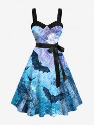 Robe trapèze d'Halloween grande taille, style rétro médiéval, motif chauve-souris, pilier, lune, vortex sous-marin, avec ceinture amovible - Bleu Ciel 1X