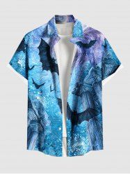 Plus Size Medieval Retro Style Bat Pillar Moon Underwater Vortex Print Halloween Button Pocket Shirt For Men -  