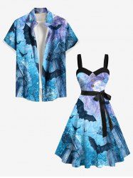 Tenue d'Halloween rétro médiévale avec motif chauve-souris, pilier, lune, vortex sous-marin, grande taille, assortie pour couples - Bleu Ciel 