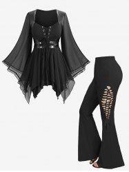 Gothic Lace-up PU Leather Patchwork Flare Sleeves Top and Rose Flower Braid Hollow Out Flare Pants Plus Size Outfit -  