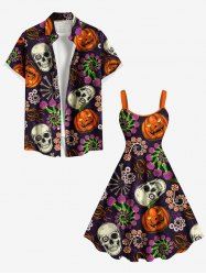 Tenue d'Halloween grande taille assortie pour couples, motif crâne, citrouille, fleurs et araignée - Noir 