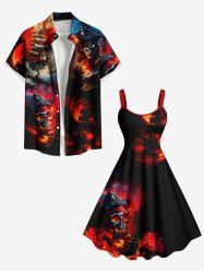 Tenue d'Halloween grande taille assortie pour couples, motif crâne, pirate, vagues, bateau, feu, flamme - Rouge 