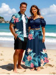 Hibiscus Flowers Tropical Leaf Print Plus Size Matching Hawaii Beach Outfit For Couples -  