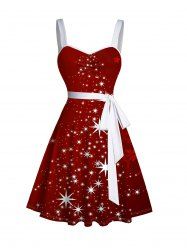 Mini Robe Ceinturée Flocon de Neige et Etoile Imprimés - Rouge foncé 