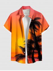 Chemise hawaïenne grande taille à imprimé cocotiers et soleil ombré, boutons et poches pour homme - Orange 3XL