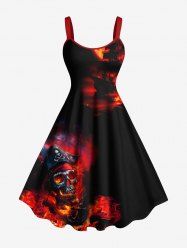 Plus Size Halloween Skull Pirate Sea Waves Ship Fire Flame Print Tank Dress -  