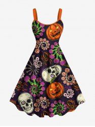 Plus Size Halloween Skull Pumpkin Flowers Spider Print Tank Dress -  