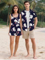 Matching Hawaii Shirt and Romper Plus Size Beach Outfit Flower Leaf Print For Couples -  