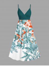 Plus Size Flowers Leaf Print Surplice Hawaii Cami Dress -  