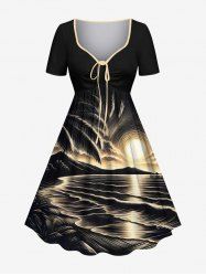 Robe hawaïenne cintrée grande taille à imprimé cocotiers, coucher de soleil et vagues - Noir 6X