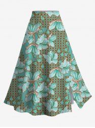 Plus Size Hibiscus Flowers Leaf Print Split Hawaii Skirt -  