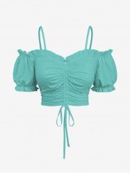 Plus Size Cinched Ruched Ruffles Cold Shoulder Cami Top - Vert XS