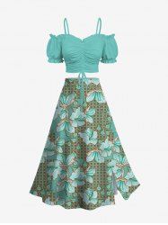 Hibiscus Flowers Leaf Print Hawaii Plus Size Matching Set -  