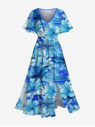 Robe mi-longue hawaïenne fendue grande taille à imprimé tie-dye et fleurs d'hibiscus et cocotiers - Bleu Ciel M