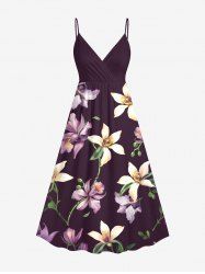 Plus Size Two Tone Flower Leaf Branch Print Hawaii Surplice A Line Cami Dress -  