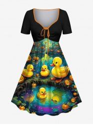 Plus Size Pumpkin Duck Pond Print Halloween Cinched A Line Dress -  