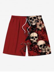 Plus Size Skull Hibiscus Flower Leaf Print Halloween Drawstring Beach Shorts For Men -  