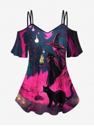 T-shirt grande taille à épaules dénudées avec imprimé arbre à chat, feu et flammes pour Halloween - Noir 3X