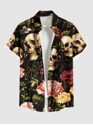 Plus Size Skull Flower Leaf Print Hawaii Button Pocket Shirt For Men -  