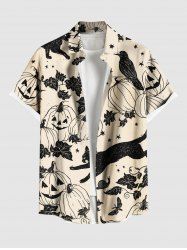 Plus Size Pumpkin Cat Butterfly Leaf Bird Print Halloween Button Pocket Shirt For Men -  
