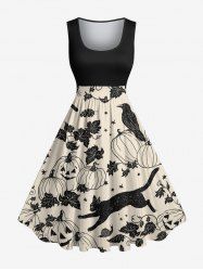 Plus Size Pumpkin Cat Butterfly Leaf Bird Print Halloween 1950s Vintage Swing A Line Dress -  
