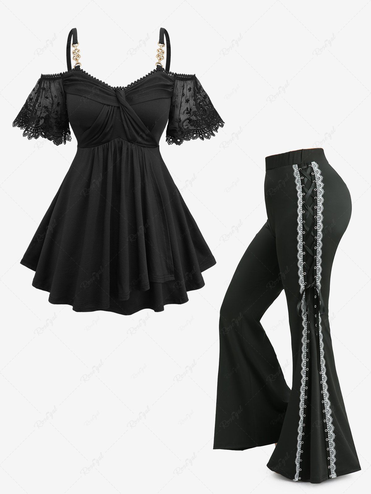 Online Floral Lace Jacquard Embroidery Sleeves Crossover Top and Lace-up Two Tone Flare Pants Plus Size Outfit  