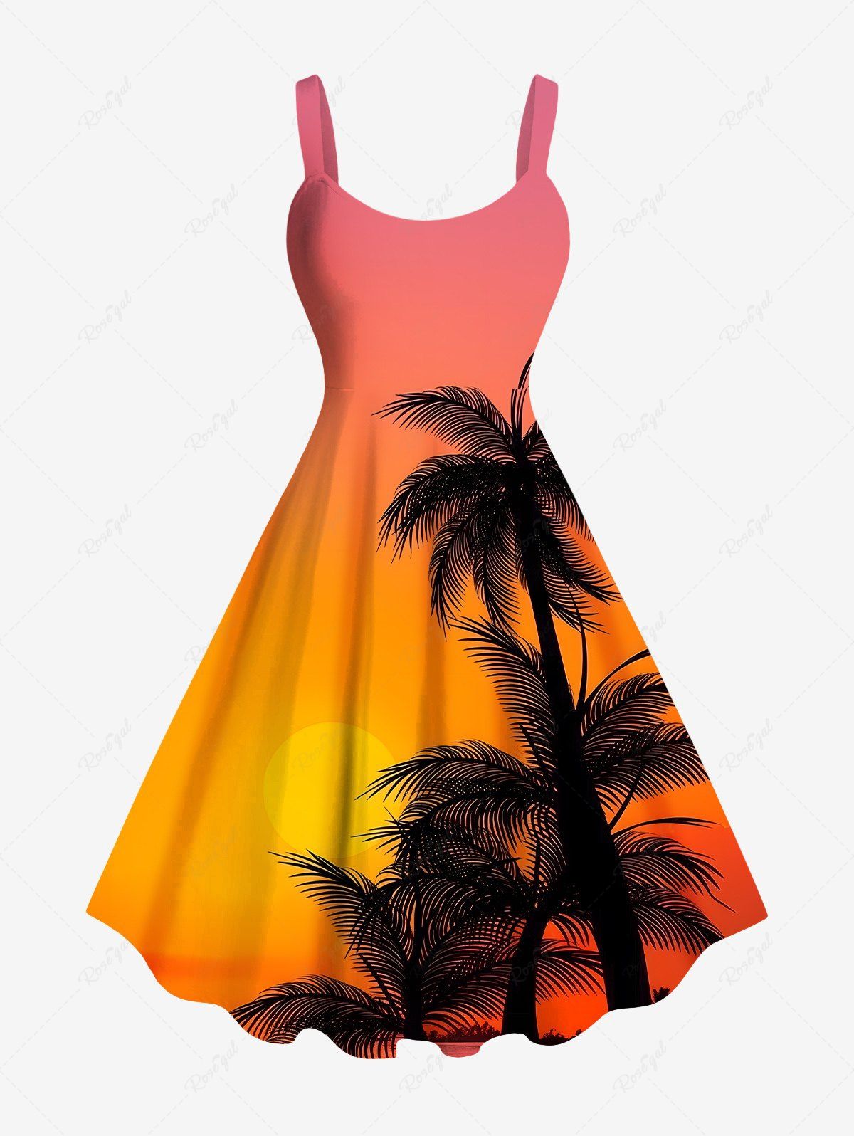 Robe débardeur hawaïenne grande taille à imprimé cocotier et soleil ombré Orange XXS