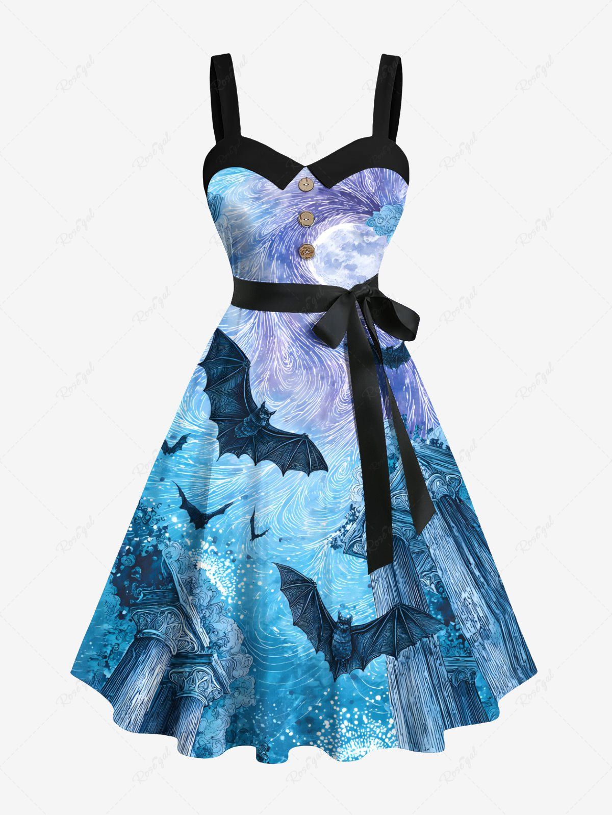 Chic Plus Size Medieval Retro Style Bat Pillar Moon Underwater Vortex Print Halloween A Line Dress with Removable Belt  