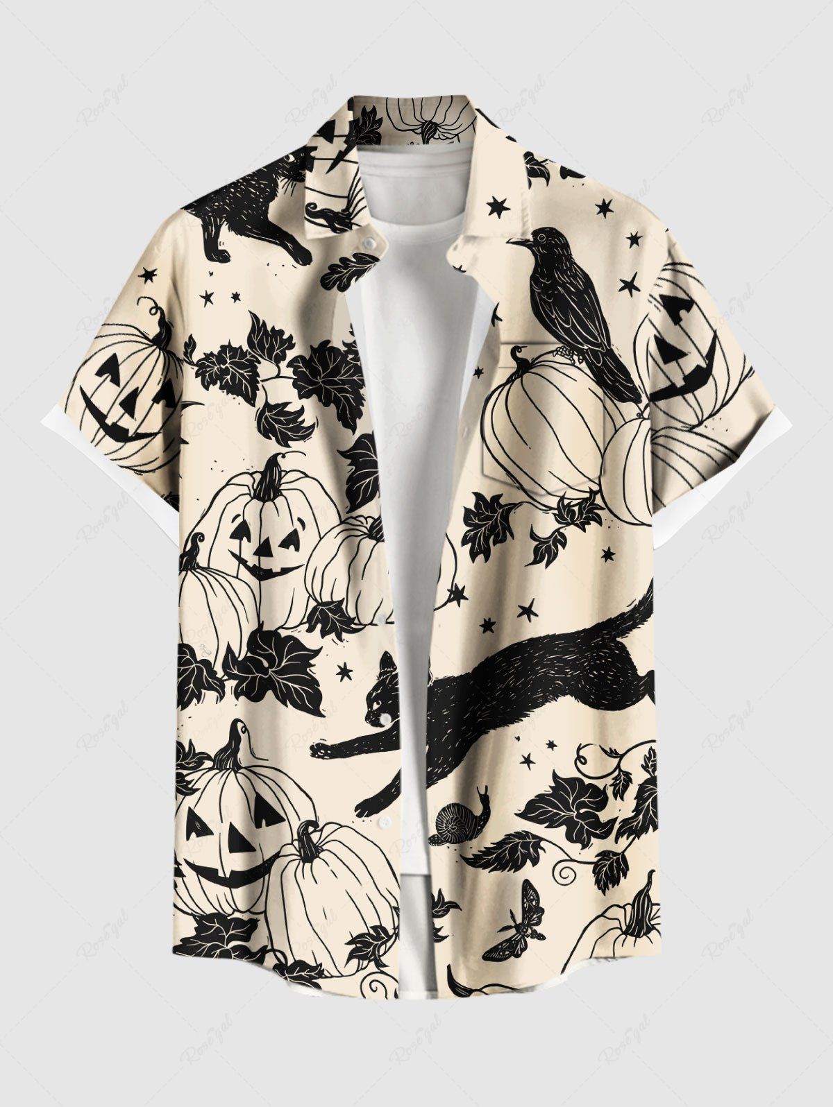 Chemise grande taille à imprimé citrouille, chat, papillon, feuille, oiseau, Halloween, boutonnée, poche, pour homme Blanc de Crème  5XL