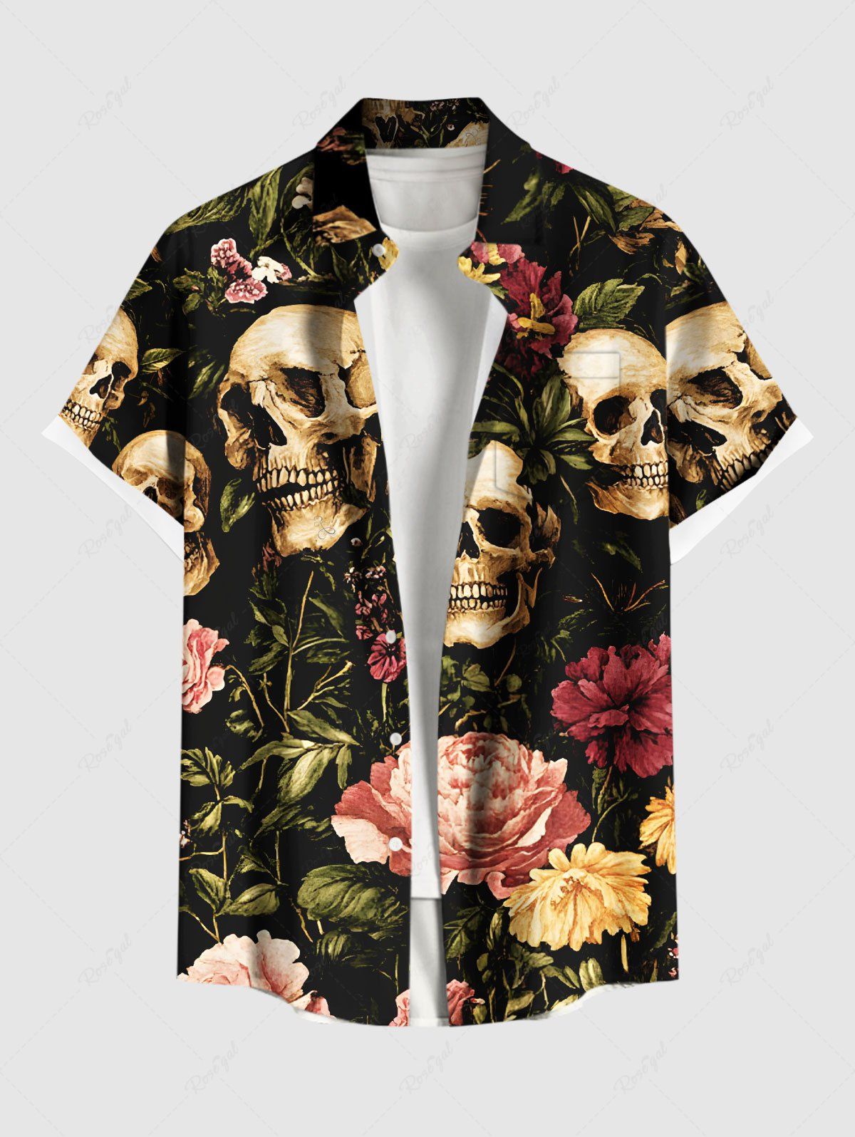 Outfit Plus Size Skull Flower Leaf Print Hawaii Button Pocket Shirt For Men  
