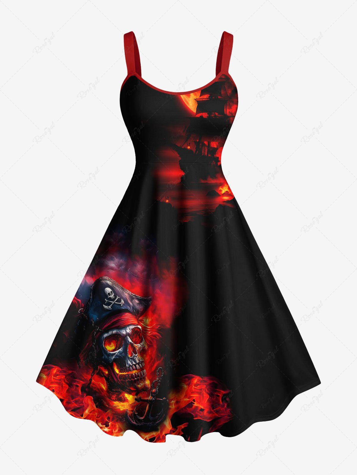 Affordable Plus Size Halloween Skull Pirate Sea Waves Ship Fire Flame Print Tank Dress  