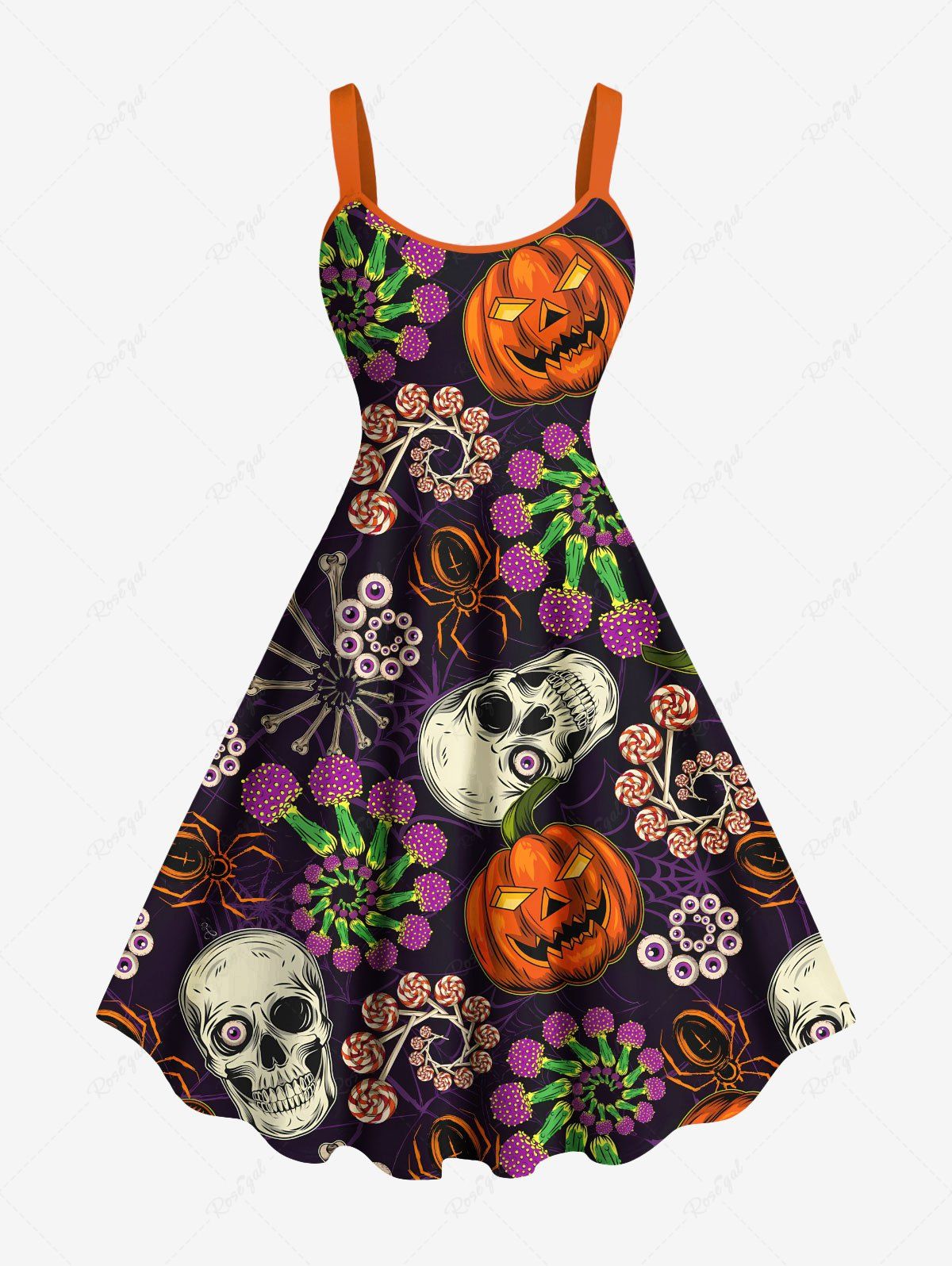Outfit Plus Size Halloween Skull Pumpkin Flowers Spider Print Tank Dress  