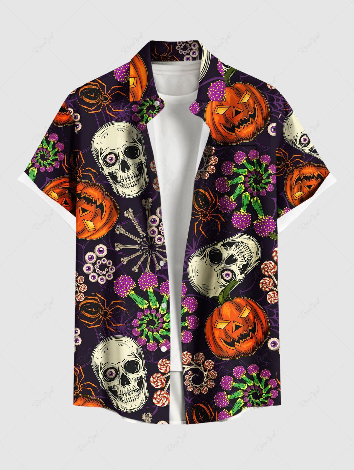Chemise grande taille pour homme, motif tête de mort, citrouille, fleurs, araignée, boutons et poches Noir 3XL