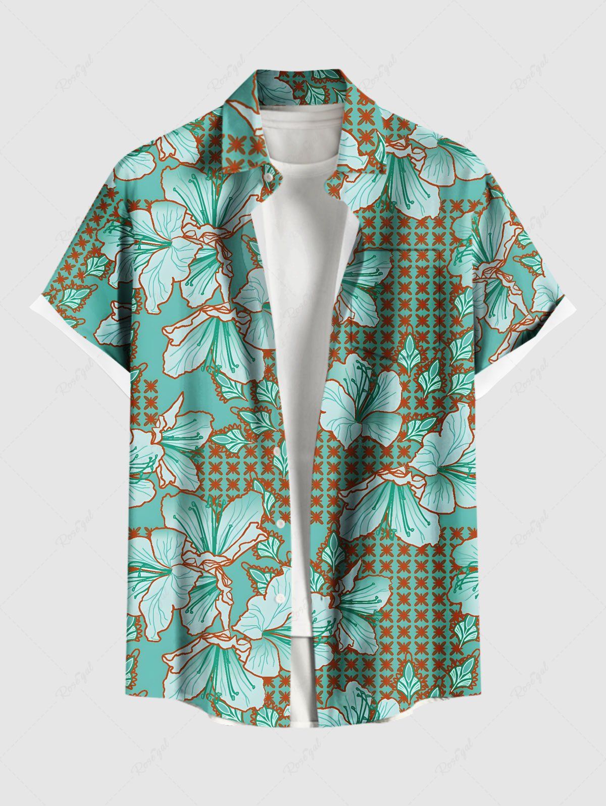 Chemise hawaïenne grande taille à imprimé feuilles d'hibiscus et boutons avec poches pour homme Vert S