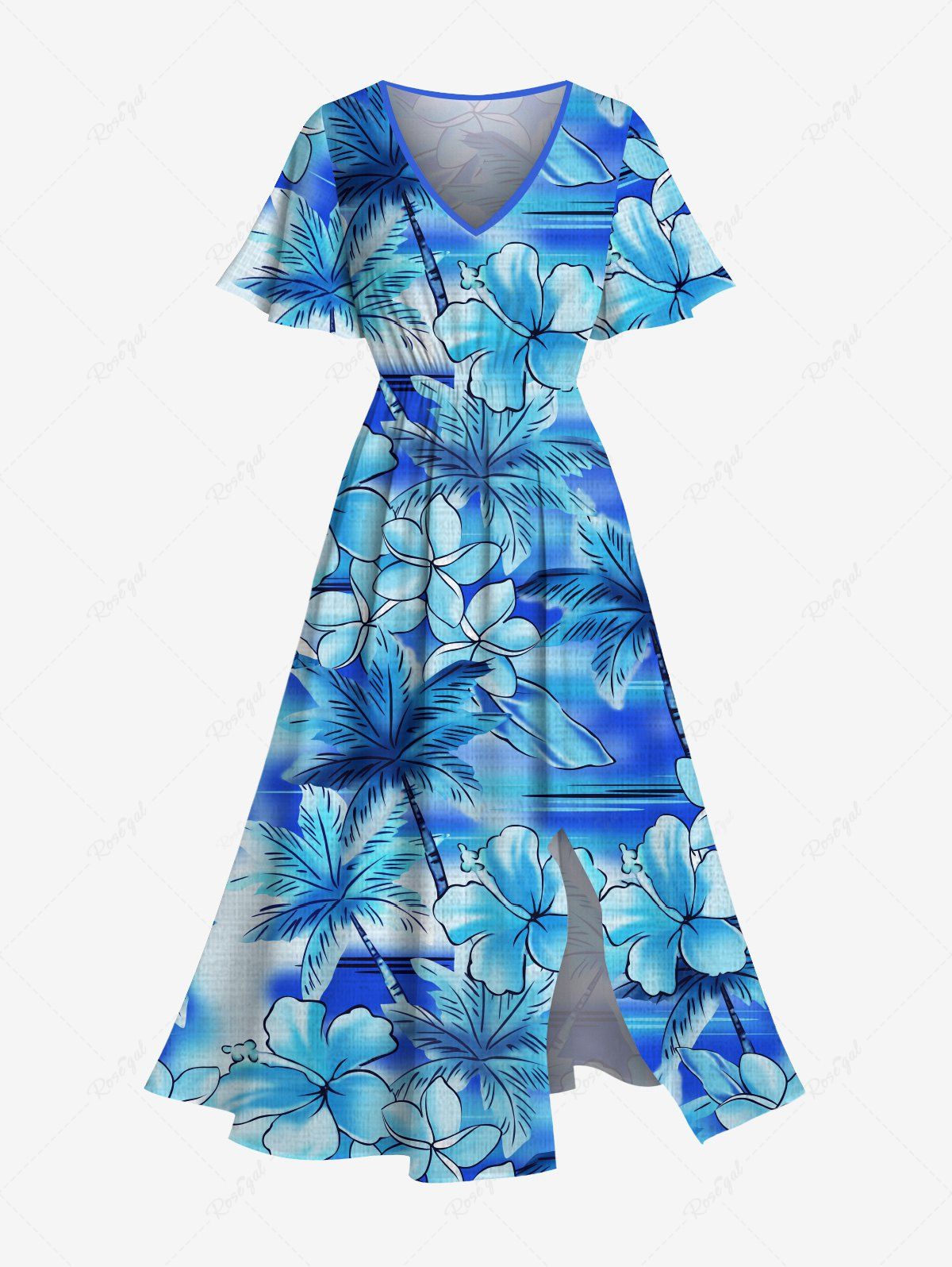 Robe mi-longue hawaïenne fendue grande taille à imprimé tie-dye et fleurs d'hibiscus et cocotiers Bleu Ciel XXS