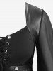 Gothic Lace Up PU Leather Patchwork Flare Sleeve Top and Skull Mesh Flocking Appliques Flare Pants Plus Size Outfit -  