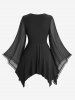 Gothic Lace Up PU Leather Patchwork Flare Sleeve Top and Skull Mesh Flocking Appliques Flare Pants Plus Size Outfit -  