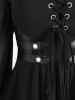 Gothic Lace Up PU Leather Patchwork Flare Sleeve Top and Skull Mesh Flocking Appliques Flare Pants Plus Size Outfit -  