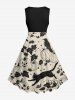 Plus Size Pumpkin Cat Butterfly Leaf Bird Print Halloween 1950s Vintage Swing A Line Dress -  