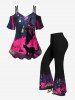 Plus Size Wizard Cat Tree Fire Flame Print Halloween Cold Shoulder Cami T-shirt -  